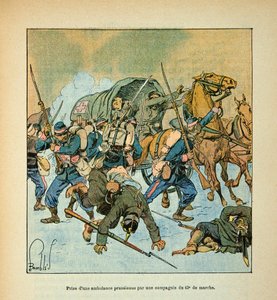 Die Armee der Loire von Eugene Sergent, dit Grenest, illustriert von Louis Bombled (Deutsch-Französischer Krieg; Feldzug von 1870-1871): Einnahme eines preußischen Krankenwagens durch eine Kompanie des 43. Marsches von Louis Charles Bombled