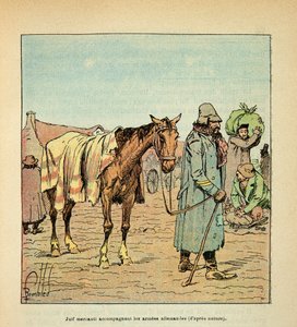 Die Armee der Loire von Eugene Sergent, dit Grenest, illustriert von Louis Bombled (Deutsch-Französischer Krieg; Feldzug von 1870-1871): Mercanti-Jude begleitet deutsche Truppen während des Krieges von 1870 von Louis Charles Bombled