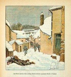 Die Armee der Loire von Eugene Sergent, genannt Grenest, illustriert von Louis Bombled (1862-1927) (Deutsch-Französischer Krieg; Feldzug von 1870-1871): Das 59. Marschregiment und die Mobilen von Indre-et-Loire erobern die Stadt Baulle vom Feind zurück, Te