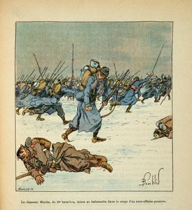 Die Armee der Loire von Eugene Sergent, genannt Grenest, illustriert von Louis Bombled (1862-1927) (Deutsch-Französischer Krieg; Feldzug von 1870-1871): Schlacht von Le Mans, Januar 1871, der Jäger Martin vom 10. Bataillon lässt sein Bajonett im Körper ein