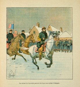 Die Armee der Loire von Eugene Sergent, genannt Grenest, illustriert von Louis Bombled (Französisch-Deutscher Krieg; Feldzug von 1870-1871): Oberst Lipowski bereist die Schlachtlinien von Alencon im Januar 1871