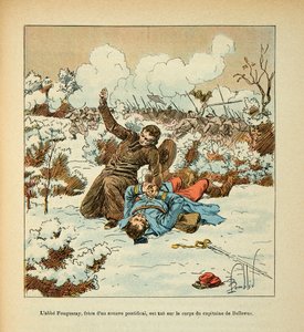 Die Armee der Loire von Eugene Sergent, genannt Grenest, illustriert von Louis Bombled (Französisch-Deutscher Krieg; Feldzug von 1870-1871): Abbe Fouqueray, Bruder eines Päpstlichen Zuaven, wird auf dem Körper von Hauptmann Bellevue getötet