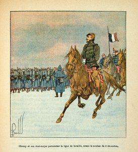 Die Armee der Loire von Eugene Sergent, bekannt als Grenest, illustriert von Louis Bombled (Deutsch-Französischer Krieg; Feldzug von 1870-1871): General Chanzy und sein Stab bereisen die Schlachtlinie vor den Kämpfen am 8. Dezember 1870