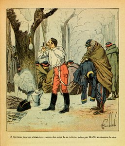 Die östliche Armee von Eugene Sergeant, genannt Grenest, illustriert von Louis Bombled (1862-1927) (Französisch-Deutscher Krieg; Feldzug von 1870-1871): Hauptmann Gaucher gibt selbst im tiefsten Winter keine seiner Pflichten auf, Privatsammlung