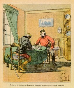 Die Armee des Ostens von Eugene Sergeant, illustriert von Louis Bombled: Interview von Garibaldi und General Cambriels in Saint Claude bei Besancon im Oktober 1870, Private Sammlung