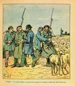 Die östliche Armee von Eugene Sergeant, genannt Grenest, illustriert von Louis Bombled (1862-1927) (Deutsch-Französischer Krieg; Feldzug von 1870-1871): Der Martin-Mobil, als Bauer verkleidet, ergriff eine Schafherde, die von zwei Preußen nach Langres gefü