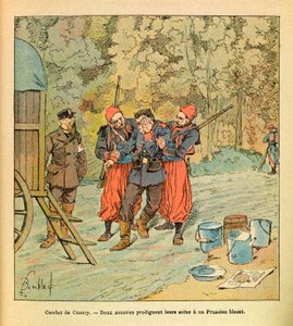 Die Ostarmee von Eugene Sergeant, genannt Grenest, illustriert von Louis Bombled (1862-1927) (Deutsch-Französischer Krieg; Feldzug von 1870-1871): Schlacht von Cussey, Oktober 1870, zwei Zouaven versorgen einen verwundeten Preußen, Sammlung Teilweise
