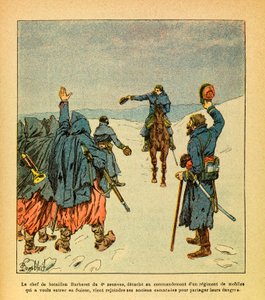 Die Ost-Armee von Eugene Sergeant, genannt Grenest, illustriert von Louis Bombled (1862-1927) (Deutsch-Französischer Krieg; Feldzug von 1870-1871): Der Anführer der Barberet-Bataillone der 4. Zuaven, löst sich, um ein Regiment von Mobilen zu befehligen, da
