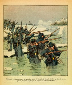 Die östliche Armee: Januar 1871, Hericourt, die Jäger von Hauptmann Sarda tauchen halb in das Eis der Lisaine ein, um den Feind lange aufzuhalten