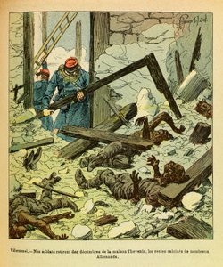 Die Armee des Ostens von Eugene Sergeant, bekannt als Grenest, illustriert von Louis Bombled (Deutsch-Französischer Krieg; Feldzug von 1870-1871): Januar 1871, Schlacht von Villersexel, französische Soldaten entfernen aus einem Haus die Überreste deutscher