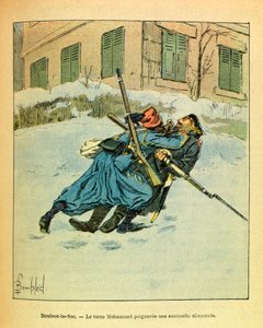 Die östliche Armee von Eugene Sergeant, bekannt als Grenest, illustriert von Louis Bombled (1862-1927) (Französisch-Deutscher Krieg; Feldzug von 1870-1871): In Dombrot Le Sec ersticht der Türke Mohammed einen deutschen Wachposten, Privatbesitz