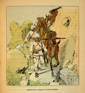 Der Krieg in Madagaskar - Anekdotische Geschichte der französischen Expeditionen von 1885-1895 von Henri Galli dit Galllichet (1854-1922), illustriert von Louis Bombled (1862-1927): Gebirgsartillerie auf der Andriba-Straße nach Madagaskar im Jahr 1895, Pri von Louis Charles Bombled