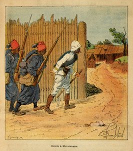 Der Krieg in Madagaskar - Anekdotische Geschichte der französischen Expeditionen von 1885-1895 von Henri Galli dit Galllichet (1854-1922), illustriert von Louis Bombled (1862-1927): Französische Truppen betraten das Dorf Mevatanana im Jahr 1895, Private Sa