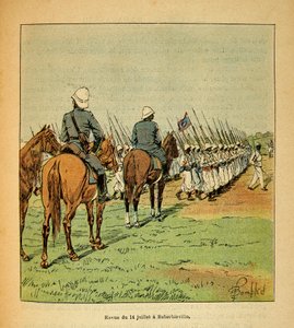 Der Krieg in Madagaskar - Anekdotische Geschichte der französischen Expeditionen von 1885-1895 von Henri Galli dit Galllichet, illustriert von Louis Bombled: Truppenparade am 14. Juli von Louis Charles Bombled