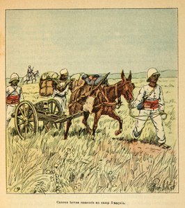 Der Krieg in Madagaskar - Anekdotische Geschichte der französischen Expeditionen von 1885-1895 von Henri Galli dit Galllichet, illustriert von Louis Bombled: Hovas-Kanonen ins französische Lager gebracht