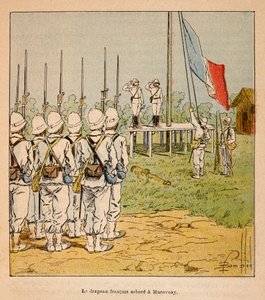 Der Krieg in Madagaskar - Anekdotische Geschichte der französischen Expeditionen von 1885-1895 von Henri Galli dit Galllichet, illustriert von Louis Bombled: Die französische Flagge weht in Marovoay im Jahr 1895 von Louis Charles Bombled