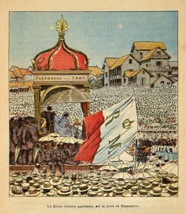 Der Krieg in Madagaskar - Anekdotische Geschichte der französischen Expeditionen von 1885-1895 von Henri Galli dit Galllichet, illustriert von Louis Bombled: Ein Kabar (Volksversammlung) auf dem Platz von Tananarive im 19. Jahrhundert in Anwesenheit des Kö von Louis Charles Bombled