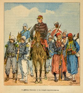 Der Krieg in Madagaskar - Anekdotische Geschichte der französischen Expeditionen von 1885-1895 von Henri Galli dit Galllichet, illustriert von Louis Bombled: General Duchesne mit den Expeditionsstreitkräften von Madagaskar