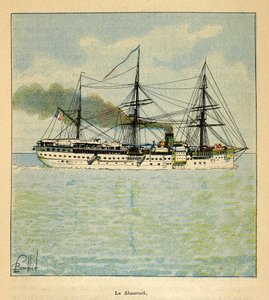 Der Krieg in Madagaskar - Anekdotische Geschichte der französischen Expeditionen von 1885-1895 von Henri Galli dit Galllichet, illustriert von Louis Bombled: Das Hospitalschiff „Shamrock“ auf dem Weg nach Madagaskar