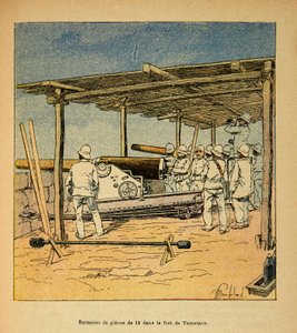 Der Krieg in Madagaskar: Trommeln von 14 Stücken im Fort von Tamatave 1895