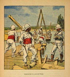 Der Krieg in Madagaskar: Bau einer Brücke am Fluss Ikopa 1895 von Louis Charles Bombled