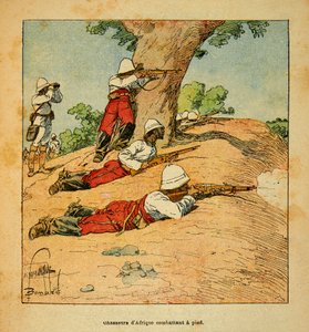 Der Krieg in Madagaskar - Anekdotische Geschichte der französischen Expeditionen von 1885-1895 von Henri Galli dit Galllichet (1854-1922), illustriert von Louis Bombled (1862-1927): Afrikanische Jäger kämpfen zu Fuß in Madagaskar im Jahr 1895, Private Samm