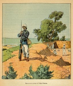 Der Krieg in Madagaskar - Anekdotische Geschichte der französischen Expeditionen von 1885-1895 von Henri Galli dit Galllichet (1854-1922), illustriert von Louis Bombled (1862-1927): Französischer Außenposten in Diego-Suarez in Madagaskar im Jahr 1885, Priv von Louis Charles Bombled