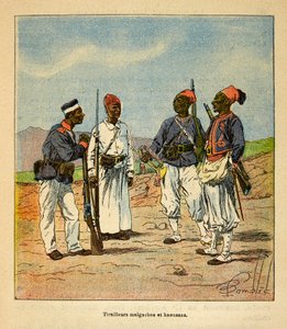 Der Krieg in Madagaskar - Anekdotische Geschichte der französischen Expeditionen von 1885-1895 von Henri Galli dit Galllichet (1854-1922), illustriert von Louis Bombled (1862-1927): Malagasy und Haoussas Tirailleurs, Private Sammlung