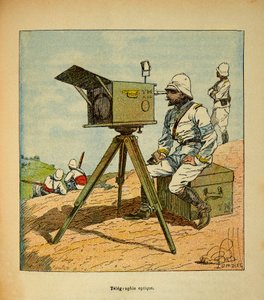 Der Krieg in Madagaskar - Anekdotische Geschichte der französischen Expeditionen von 1885-1895 von Henri Galli, illustriert von Louis Bombled: Optische Telegrafie 1895