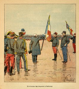 Der Krieg in Madagaskar - Anekdotische Geschichte der französischen Expeditionen von 1885-1895: Verteilung von Fahnen in Sathonay an die Truppen, die 1895 nach Madagaskar abreisen, in Anwesenheit von General Voyron