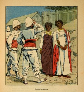 Der Krieg in Madagaskar - Anekdotische Geschichte der französischen Expeditionen von 1885-1895 von Henri Galli dit Galllichet, illustriert von Louis Bombled: Französische Soldaten sympathisieren mit madagassischen Frauen