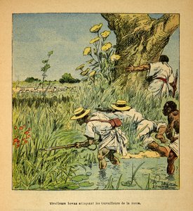 Der Krieg in Madagaskar - Anekdotische Geschichte der französischen Expeditionen von 1885-1895 von Henri Galli dit Galllichet, illustriert von Louis Bombled: Hovas Tirailleurs greifen das Militär beim Straßenbau 1895 an