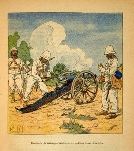 Der Krieg in Madagaskar - Anekdotische Geschichte der französischen Expeditionen von 1885-1895 von Henri Galli dit Galllichet, illustriert von Louis Bombled: Die Gebirgsartillerie bombardierte die Hovas-Positionen in Andriba 1895