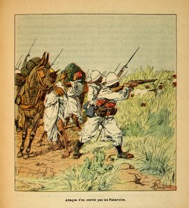 Der Krieg in Madagaskar - Anekdotische Geschichte der französischen Expeditionen von 1885-1895 von Henri Galli dit Galllichet, illustriert von Louis Bombled: Angriff auf einen Militärkonvoi durch die Fahavolos