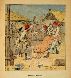 Der Krieg in Madagaskar - Anekdotische Geschichte der französischen Expeditionen von 1885-1895 von Henri Galli dit Galllichet (1854-1922), illustriert von Louis Bombled (1862-1927): Plünderung der Tirailleurs in Bauernhöfen, Privatbesitz