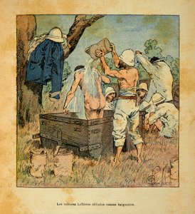 Der Krieg in Madagaskar - Anekdotische Geschichte der französischen Expeditionen von 1885-1895 von Henri Galli dit Galllichet (1854-1922), illustriert von Louis Bombled (1862-1927): Die Lefebvre-Autos, die 1895 in Madagaskar von Soldaten als Badewanne genu von Louis Charles Bombled