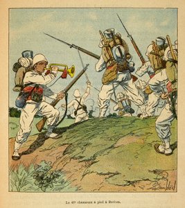 Der Krieg in Madagaskar - Anekdotische Geschichte der französischen Expeditionen von 1885-1895 von Henri Galli dit Galllichet (1854-1922), illustriert von Louis Bombled (1862-1927): Die 40. Fußjäger während der Kämpfe in Beritza im Jahr 1895, Privatbesitz