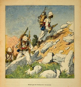 Der Krieg in Madagaskar - Anekdotische Geschichte der französischen Expeditionen von 1885-1895 von Henri Galli, illustriert von Louis Bombled: Vorhut der Infanterie in Madagaskar, 1895