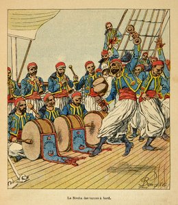 Der Krieg in Madagaskar - Anekdotische Geschichte der französischen Expeditionen von 1885-1895 von Henri Galli, illustriert von Louis Bombled: Die Nouba der Turcos an Bord des Schiffes nach Madagaskar von Louis Charles Bombled