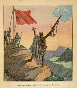 Der Krieg in Madagaskar - Anekdotische Geschichte der französischen Expeditionen von 1885-1895 von Henri Galli, illustriert von Louis Bombled: Die malagassische rote Kriegsflagge auf den Tananarive-Bergen von Louis Charles Bombled