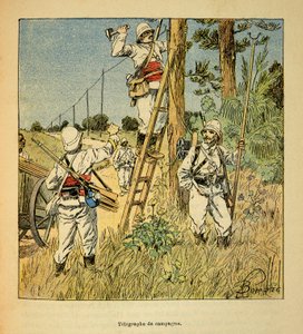 Der Krieg in Madagaskar - Anekdotische Geschichte der französischen Expeditionen von 1885-1895 von Henri Galli dit Galllichet, illustriert von Louis Bombled: Einrichtung des Feldtelegraphen durch das Militär in Madagaskar im Jahr 1895 von Louis Charles Bombled