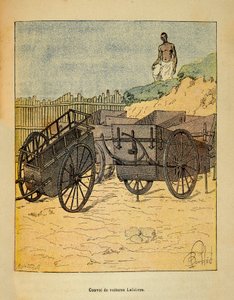 Der Krieg in Madagaskar - Anekdotische Geschichte der französischen Expeditionen von 1885-1895 von Henri Galli dit Galllichet, illustriert von Louis Bombled: Konvoi von Lefebvre-Autos zur Versorgung der Truppen