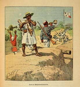 Der Krieg in Madagaskar - Anekdotische Geschichte der französischen Expeditionen von 1885-1895: Madagassische Truppen in Alarmbereitschaft in Manjakandrianomba bei der Ankunft französischer Truppen 1895
