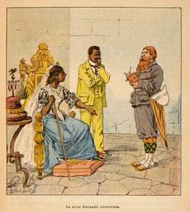 Der Krieg in Madagaskar - Anekdotische Geschichte der französischen Expeditionen von 1885-1895: Ein englischer Journalist interviewt Königin Ravanalo 1895 in Anwesenheit ihres Premierministers von Louis Charles Bombled