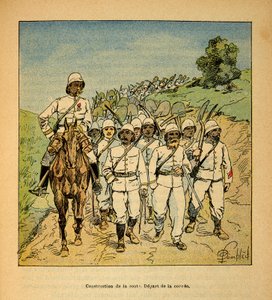 Der Krieg in Madagaskar - Anekdotische Geschichte der französischen Expeditionen von 1885-1895 von Henri Galli dit Galllichet, illustriert von Louis Bombled: Bau einer Straße in Madagaskar, Beginn der Fronarbeit von Louis Charles Bombled