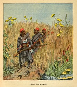 Der Krieg in Madagaskar - Anekdotische Geschichte der französischen Expeditionen von 1885-1895 von Henri Galli dit Galllichet (1854-1922), illustriert von Louis Bombled (1862-1927): Französische Truppen auf Expedition in den Sümpfen von Madagaskar im Jahr 