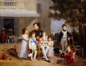 Der Kaiser Napoleon I. auf der Terrasse des Château Saint-Cloud, umgeben von seinen Kindern