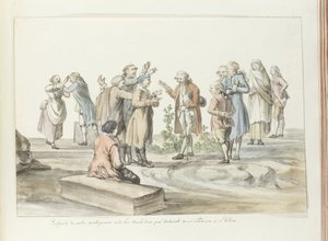 Verhandlung zwischen Reiseleiter und Maultiertreibern, die sie zum Ätna bringen sollen (Voyage en Italie, en Sicile et à Malte - 1778) von Louis Ducros