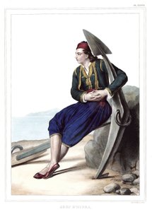 Grieche von Hidra. in "Reise nach Athen und Konstantinopel, oder Sammlung griechischer und osmanischer Porträts, Ansichten und Kostüme, vor Ort gemalt, lithographiert und koloriert von Louis Dupre (1789-1837), Schüler von David. 1825."