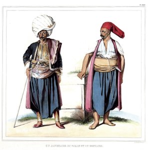 Ein Janitschar des Palastes und ein Bostangi (Gärtner des Serails). in „Reise nach Athen und Konstantinopel, oder Sammlung griechischer und osmanischer Porträts, Ansichten und Kostüme, nach der Natur gemalt, lithografiert und koloriert von Louis Dupre (178